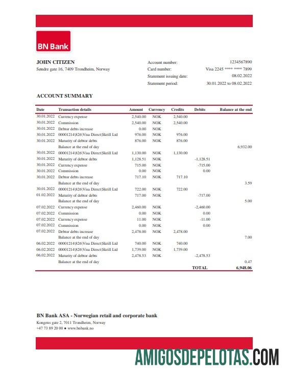 Modelo realista de extrato bancário BN da Noruega em Excel e PDF